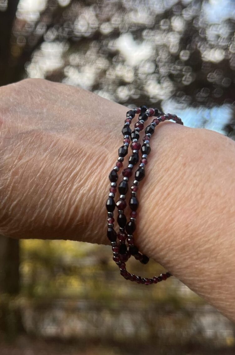 Delicate garnet wrap bracelet with black fire polish beads 19.75" [SOLD] - Image 2