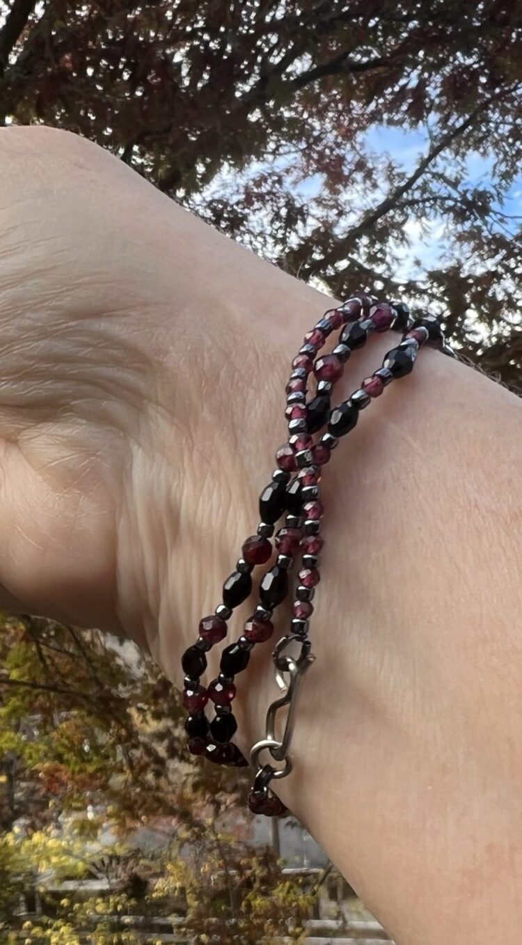 Delicate garnet wrap bracelet with black fire polish beads 19.75" [SOLD] - Image 3