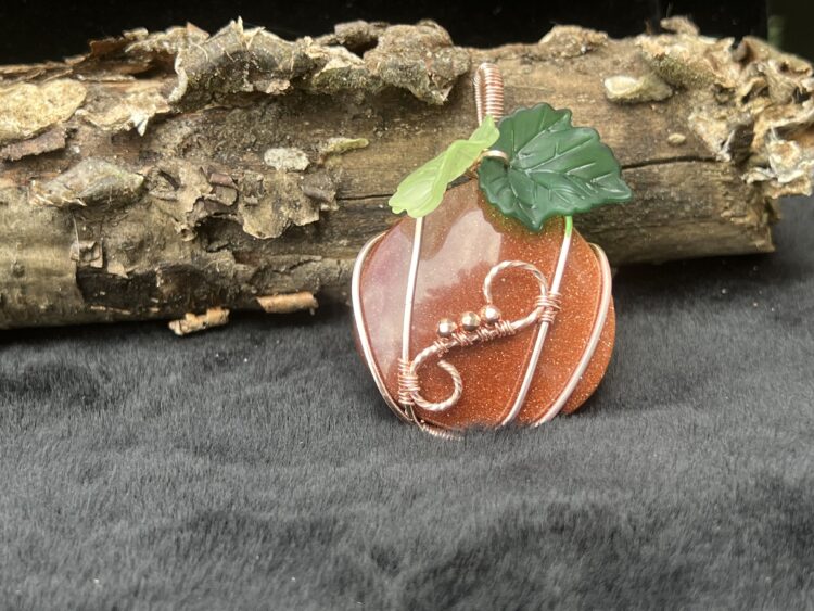 Pumpkin pendant Carnelian with green leaves